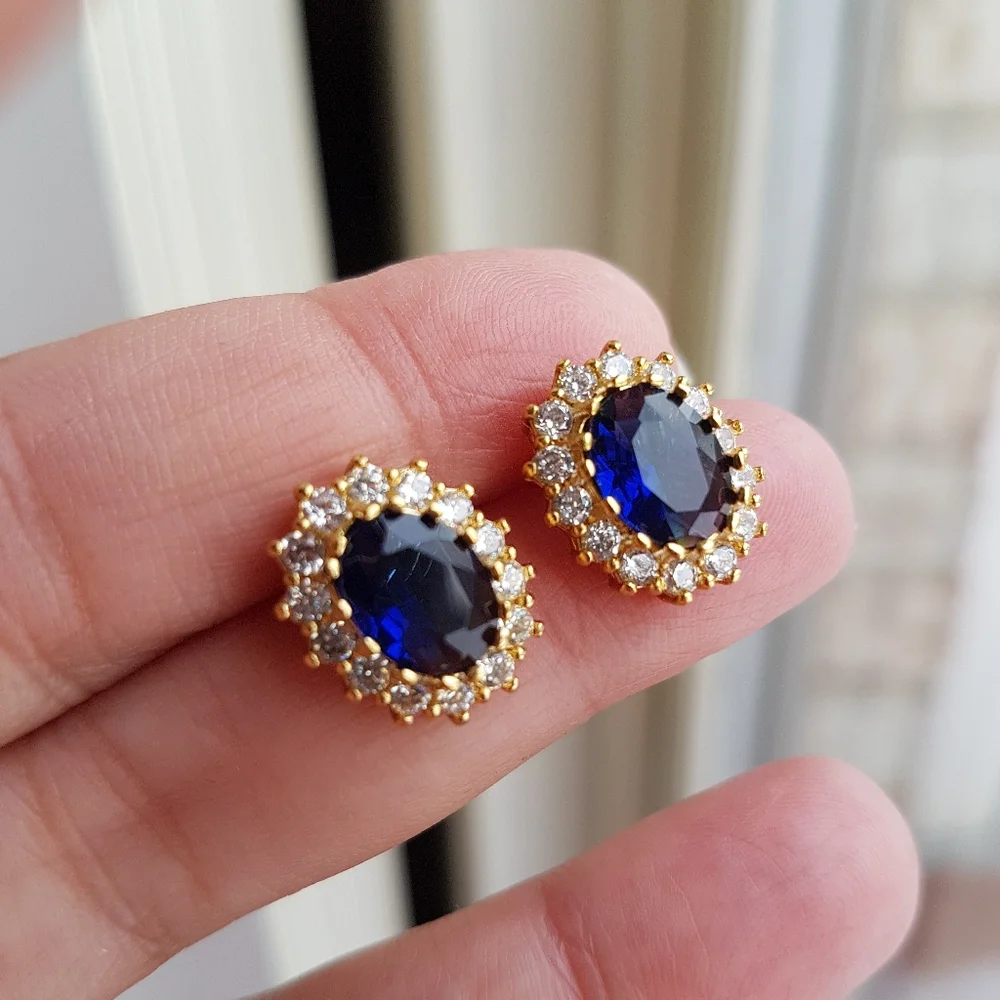 Swarovski Elements Gold 925 Sterling Silver Blue Sapphire Diana Oval Ring NEW